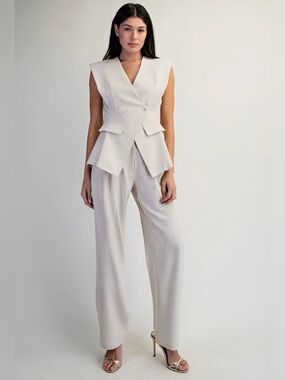 A340. Sleeveless Ivory Peplum Blazer & Wide-Leg Pants Set